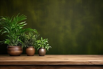 Potted Plants on Brown Wooden Table with Green Wall Background
