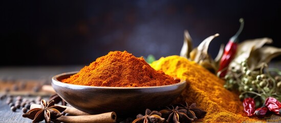Selective focus captures ingredients in Indian spice powder curry masala With copyspace for text - obrazy, fototapety, plakaty