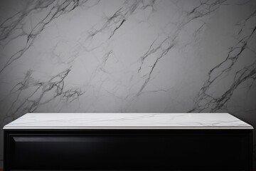 Empty table marble black countertop on black wall background. High quality photo