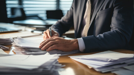 Businessman hands working in Stacks of paper files for searching information on work desk in office, business report papers. - obrazy, fototapety, plakaty