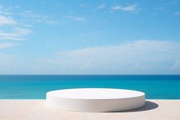 Beachside Serenity: Empty White Round Podium with Sea and Blue Sky Background