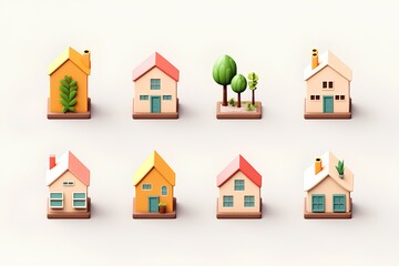 カラフルな住宅のアイコンセット（3D）楽しい街並みと街づくり。
