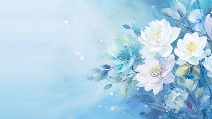 Fototapeta na wymiar hand painted watercolor flowers on a blue background. copy space. botanical banner for design.