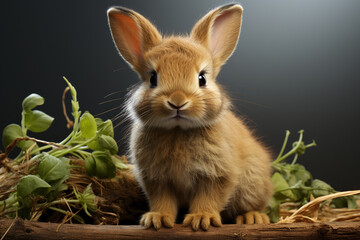 Naklejka na ściany i meble cute small surprised rabbit in green grass