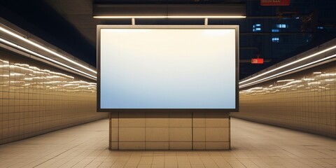 Indoor outdoor city light mall shop template. Blank billboard mock up in a subway station, underground interior. Urban light box inside advertisement metro airport vertical. : Generative AI - Powered by Adobe