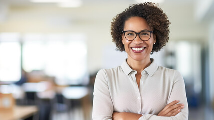 Smiling african american female teacher standing in classroom.
 - Powered by Adobe