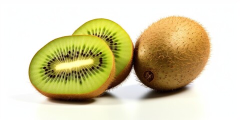Fototapeta premium Ripe whole kiwi fruit and half kiwi fruit isolated on white background : Generative AI