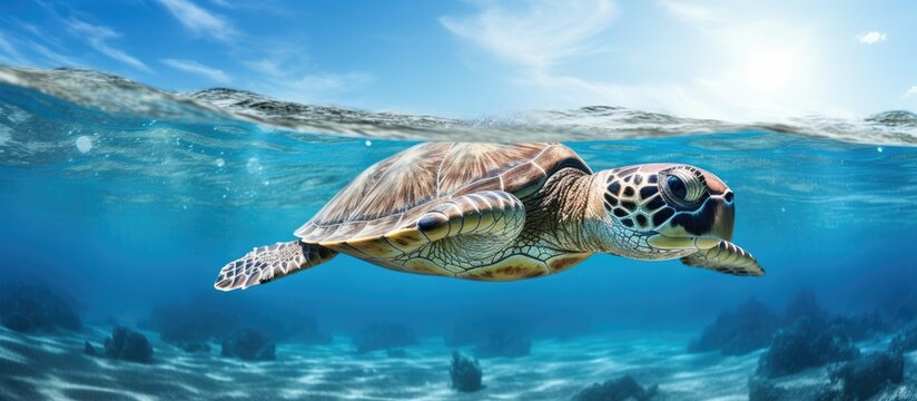 Sea Turtle navigating unrestricted in ocean With copyspace for text