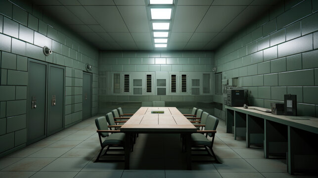 An empty Table and chair with in interrogation room, Investigation room concept