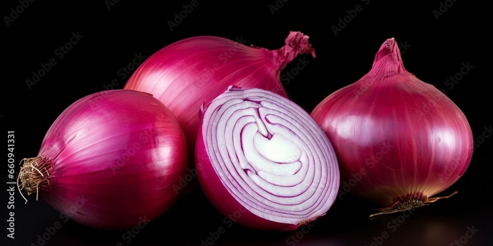 Poster Red whole and sliced onion, isolated on white background : Generative AI