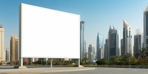 Foto op Canvas Mock up of blank vertical white advertising billboard with residential and office modern contemporary skyscrapers and empty highway behind : Generative AI © Generative AI