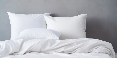 Empty set of bedding items mockup. Bed linen front view. White bed with clipping path. Pillows, duvet and bed sheet against grey wall, empty room. : Generative AI