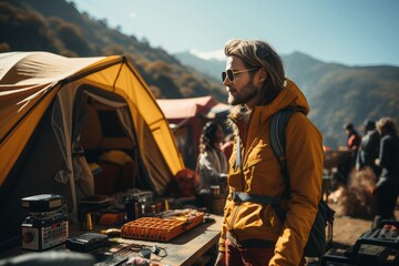 Man in equipment for hiking in the mountains against the backdrop of a tent camp