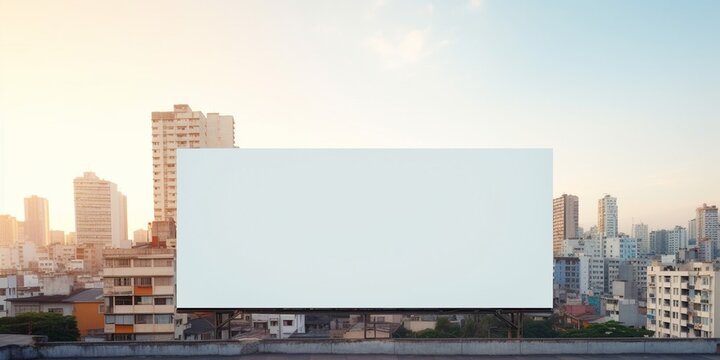Mock up white background billboard on building. A large empty billboard on a city background in the middle of the sunset. : Generative AI