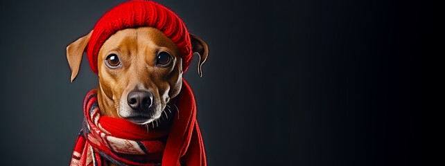 Cute dog dressed in a red scarf and hat with copy space. - obrazy, fototapety, plakaty