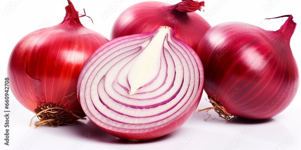 Poster red whole and sliced onion, isolated on white background : generative ai