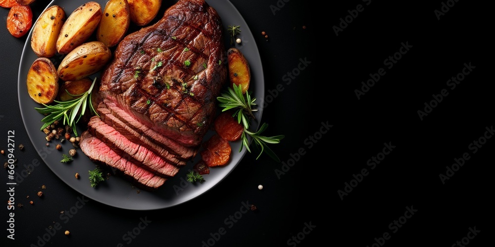 Poster grilled beef steak and potatoes on plate isolated on white background, top view : generative ai