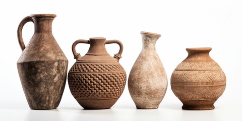 Antique ceramic decorative amphora on a white background. Clay jugs and a pot, a set of ancient utensils for drinking wine, water or milk. : Generative AI