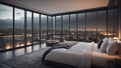 penthouse bedroom at night, dark gloomy, A room with a view of the city from the bed