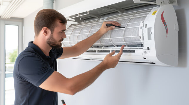 Male technician repairs an air conditioner indoors.