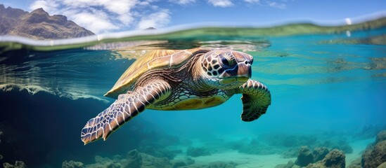 Sea turtles in Oahu swim in the Pacific Ocean With copyspace for text - obrazy, fototapety, plakaty