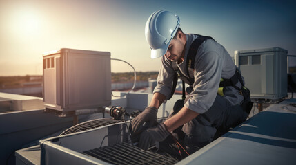 Air Conditioning Repair, repairman on the rooftop fixing air conditioning system. - obrazy, fototapety, plakaty