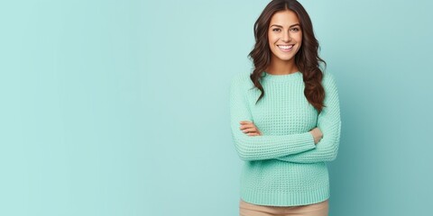 Full body fun young woman wear knitted sweater hold in hand use mobile cell phone look aside on workspace isolated on plain pastel light blue cyan background studio portrait. People li : Generative AI - obrazy, fototapety, plakaty