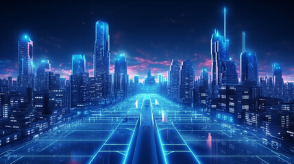 Fototapeta na wymiar Futuristic infrastructure of a smart night city. Blue neon colors. Connection technology metaverse concept. Night city banner with big data. Device connection.
