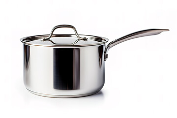 Steel saucepan on a white background.