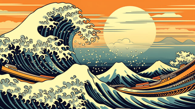 Great ocean wave as Japanese vintage style illustration