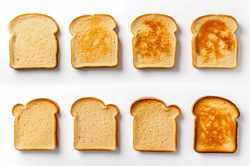 Set of sliced toast bread slices isolated on white background, top view.