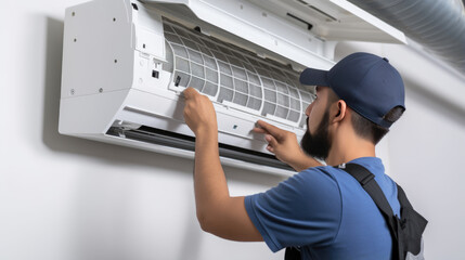 Obraz premium Male technician repairs an air conditioner indoors.