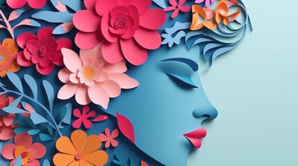 Illustration of face and flowers paper cut and Neomorphism style