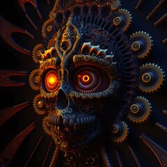 abstract glyphs of Mandelbrot set interior in the style of Gustav Klimt and Alex grey that depict a leering skeletal face with red eyes in profile wearing a spider helm Psychedelic experience  - obrazy, fototapety, plakaty