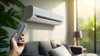 Hand holding remote control aimed at the air conditioner. Woman turning on air conditioner with remote control. - obrazy, fototapety, plakaty