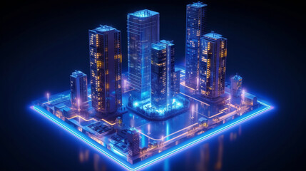 Modern smart home, against the background high-rise buildings. Development architecture computer systems of smart building. Hologram of the smart home is isolated on blue background