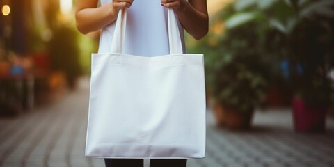 model hold blank white fabric tote bag for save environment on street fashion : Generative AI