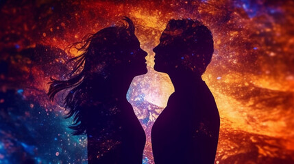 Man and woman silhouettes at abstract cosmic background. Human souls couple in love. Astral body, esoteric and spiritual life concept.