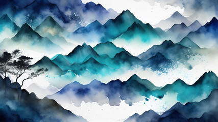 Blue mountain background vector. Oriental Luxury landscape background design with watercolor brush texture. Wallpaper design