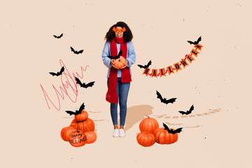Creative collage portrait of astonished excited girl hold pumpkin flying bats halloween flags...