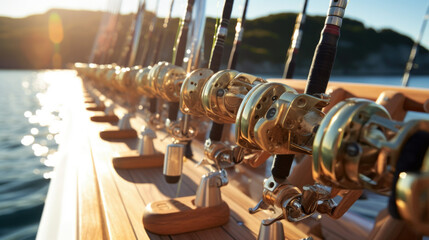 Fishing trolling boat rods in rod holder. Sea fishing rods and reels in a row - obrazy, fototapety, plakaty