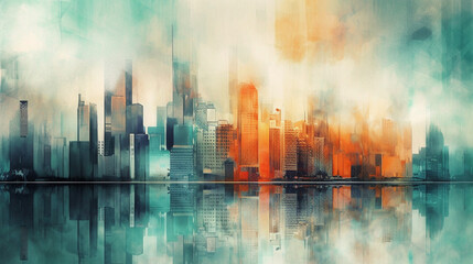 Spectacular watercolor painting of an abstract urban, cityscape, skyscraper scene in orange and teal, grayish smog. Double exposure building. Digital art