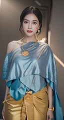 Fototapeta premium A beautiful, cute woman wearing a Thai dress in Holographic colors poses as a model