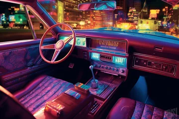 Poster Interior of a retro car with a neon effect. Nostalgia. © Yuliia