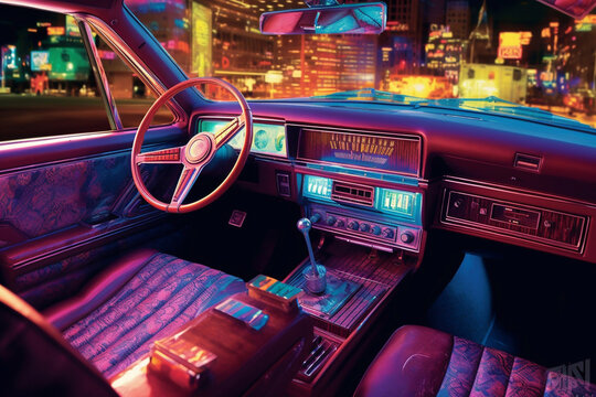 Fototapeta Interior of a retro car with a neon effect. Nostalgia.