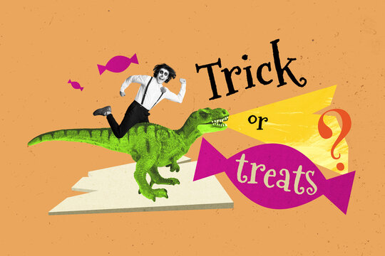 Picture sketch collage image of smiling halloween mexico fiance riding dinosaur isolated creative background