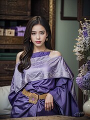 Woman wearing Thai dress purple model poses