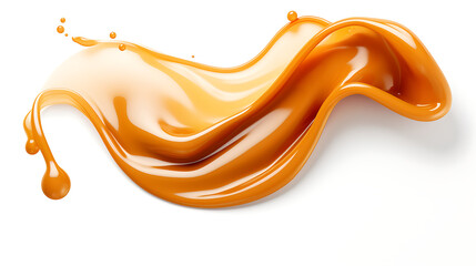 Liquid sweet melted caramel, delicious caramel sauce or maple syrup swirl 3D splash. Yummy sweet caramel sauce or hot syrup twisted. Key visual advertising design elements isolated on white background