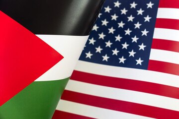 Background of the flags of the Palestine, USA. concept of interaction or counteraction between the two countries. International relations. political negotiations. Sports competition.