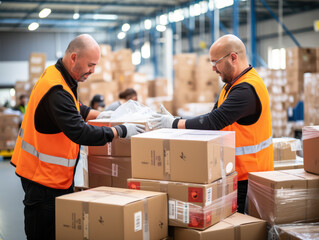 Two bald workers in the warehouse prepare and check boxes of goods to be shipped